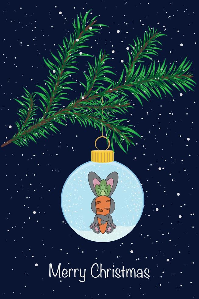 Beautiful Christmas card. A Christmas tree toy with a rabbit, the symbol of 2023, hangs on a branch vector