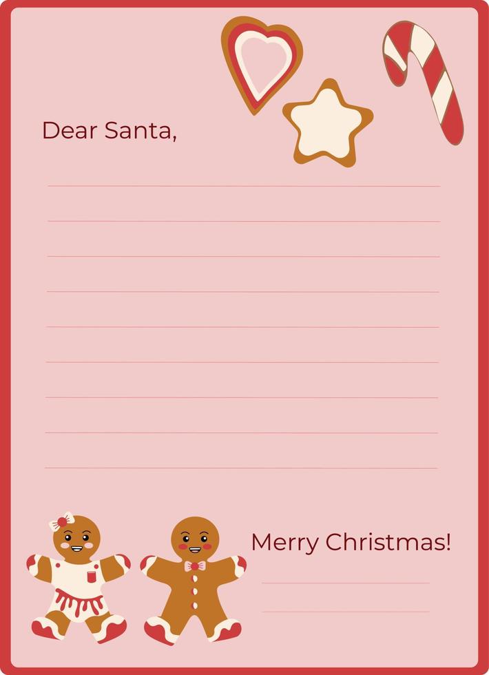 Template for a Christmas letter to Santa Claus. Flat design. Vector illustration. Decorated paper sheet with gingerbread