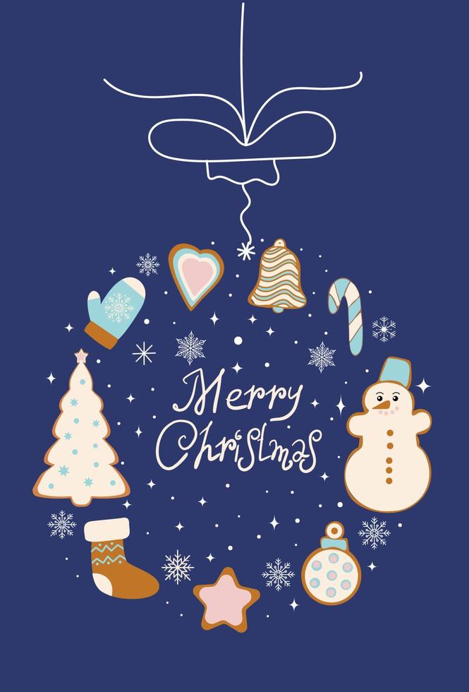 New Year's card. Hanging Christmas tree toys in the form of ginger cookies. Happy New Year and Christmas. Vector illustration isolated on a blue background.