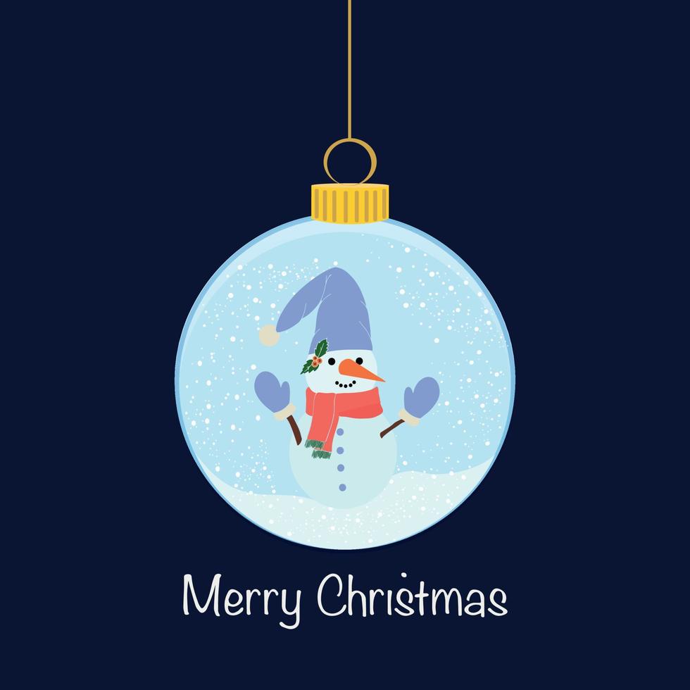 Cute Christmas snowman and Christmas ball. Festive winter concept. Vector illustration isolated on a blue background. For printing on fabric, postcards, canvas.