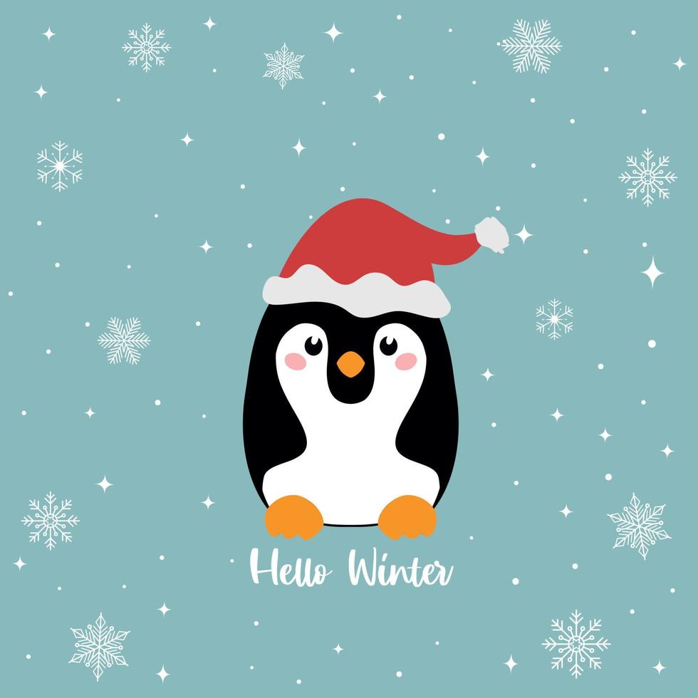 Cute penguin icon in a flat style on a background of snowflakes and the inscription hello winter. A symbol of cold winter. Antarctic bird, animal illustration vector