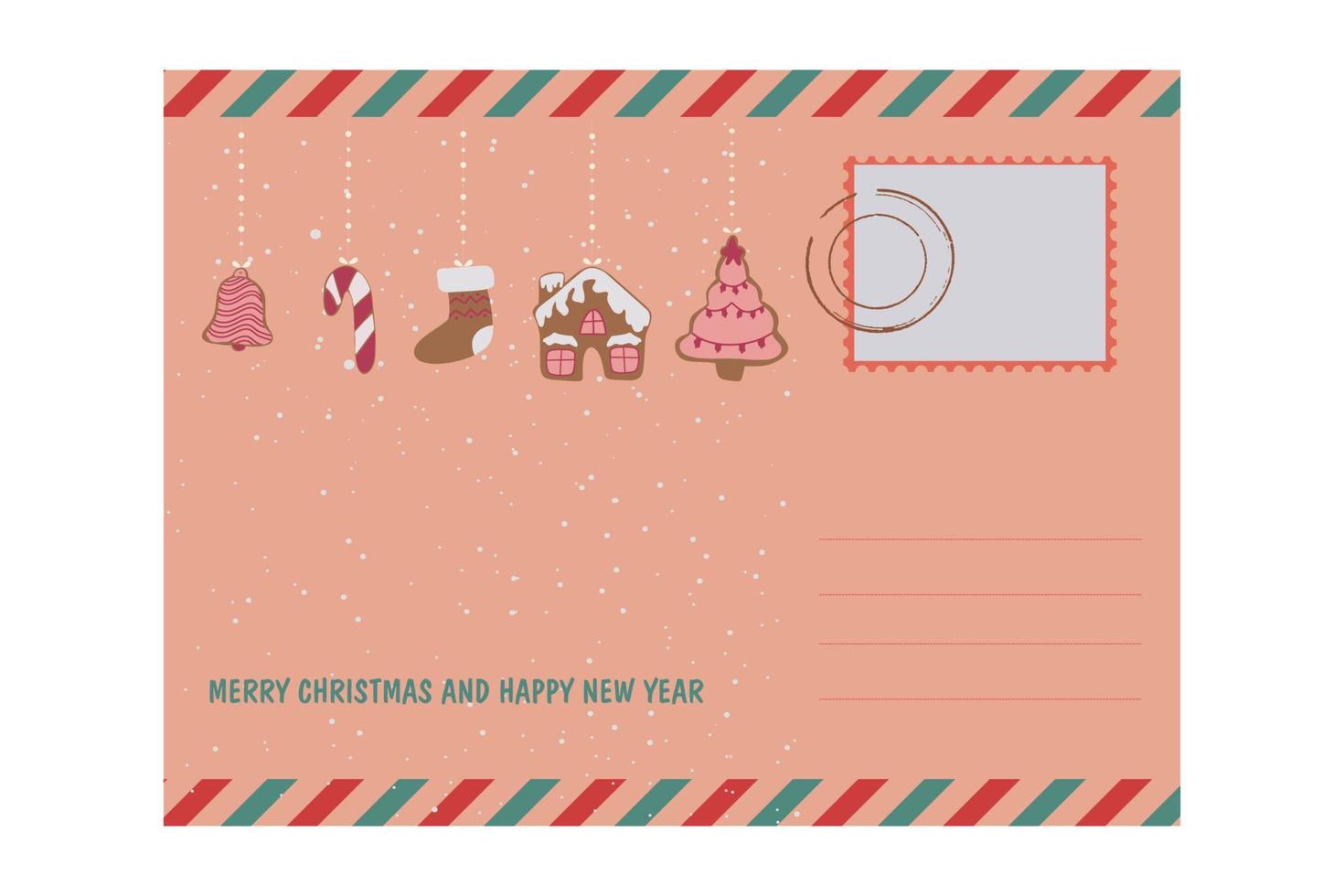 Envelope with Christmas illustration. Christmas toys in the form of gingerbread. Vector illustration.