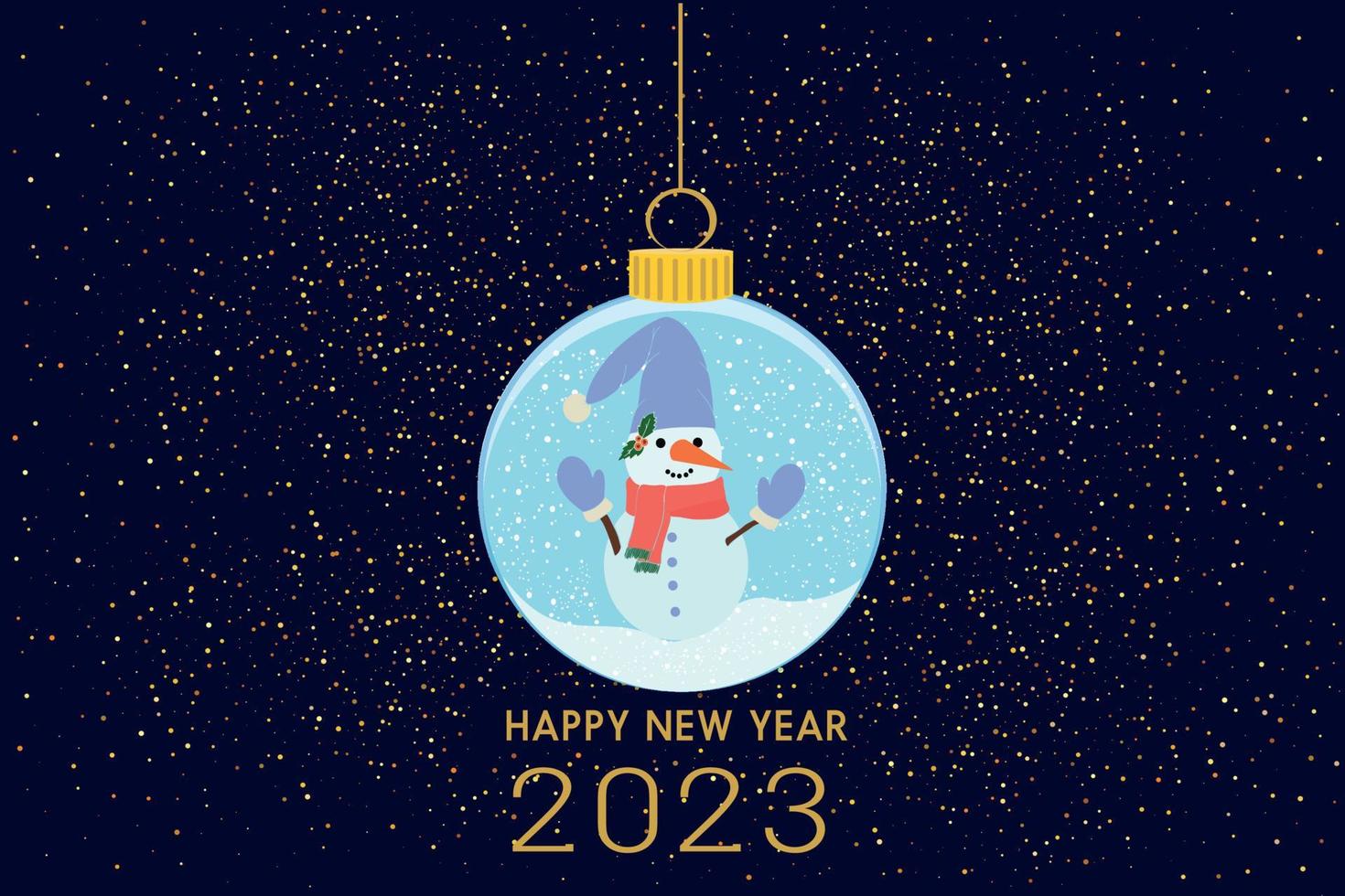 Cute Christmas snowman and Christmas ball. Festive winter concept. Vector illustration isolated on a blue background. For printing on fabric, postcards, canvas.
