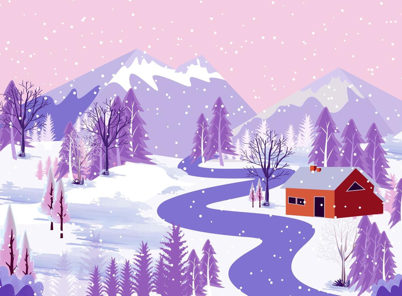 paisaje de montañas de invierno con fondo de casa y árboles vector