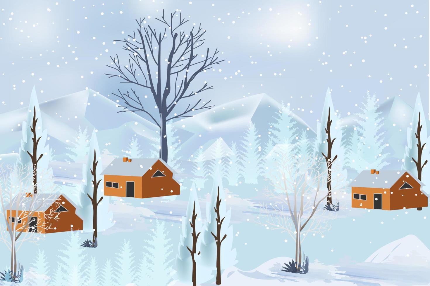 Winter Mountains Landscape With House And Trees Background vector