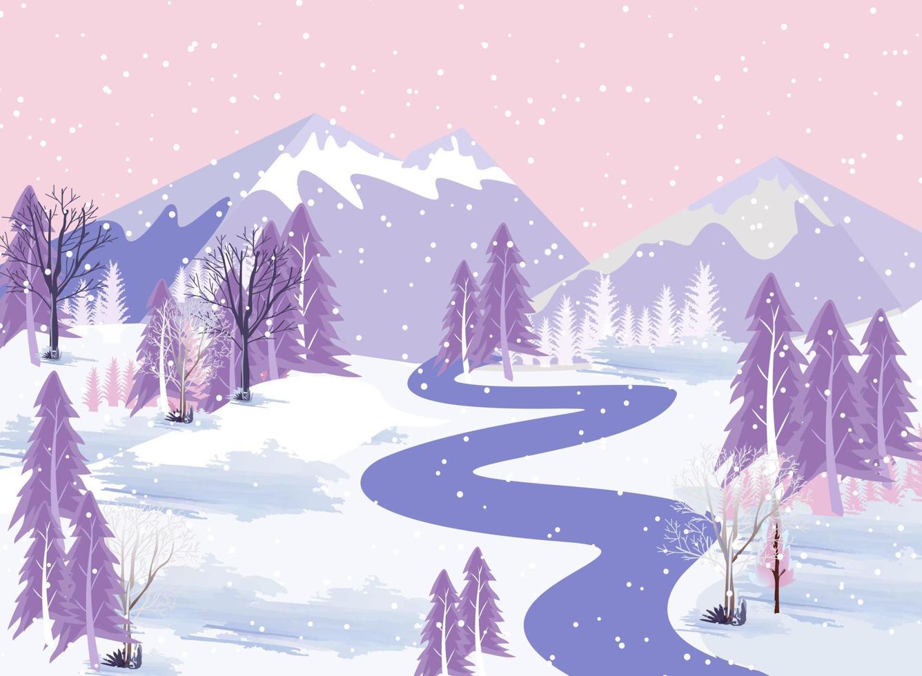 paisaje de montañas de invierno con fondo de carretera y árboles. vector