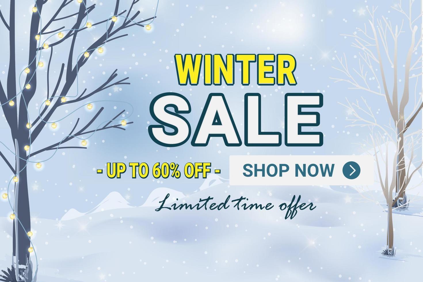 Winter sale vector banner template with white snow and lighted tree background. Vector illustration.