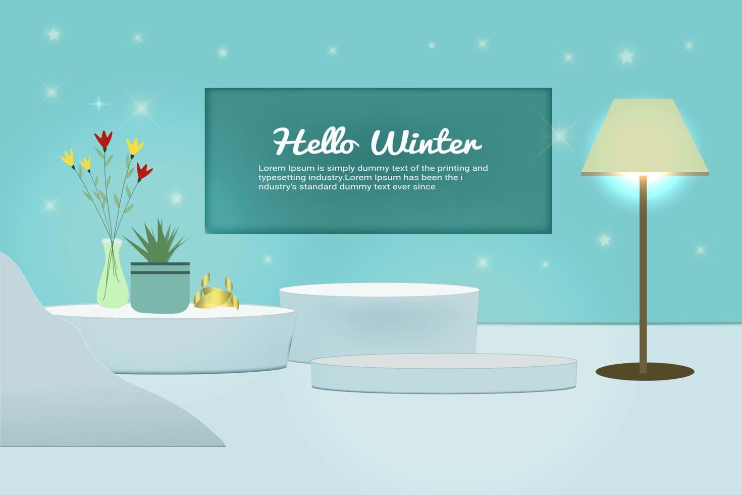 hola banner de producto de venta de invierno, plataforma de podio con estrella y fondo claro, ilustración de papel. vector