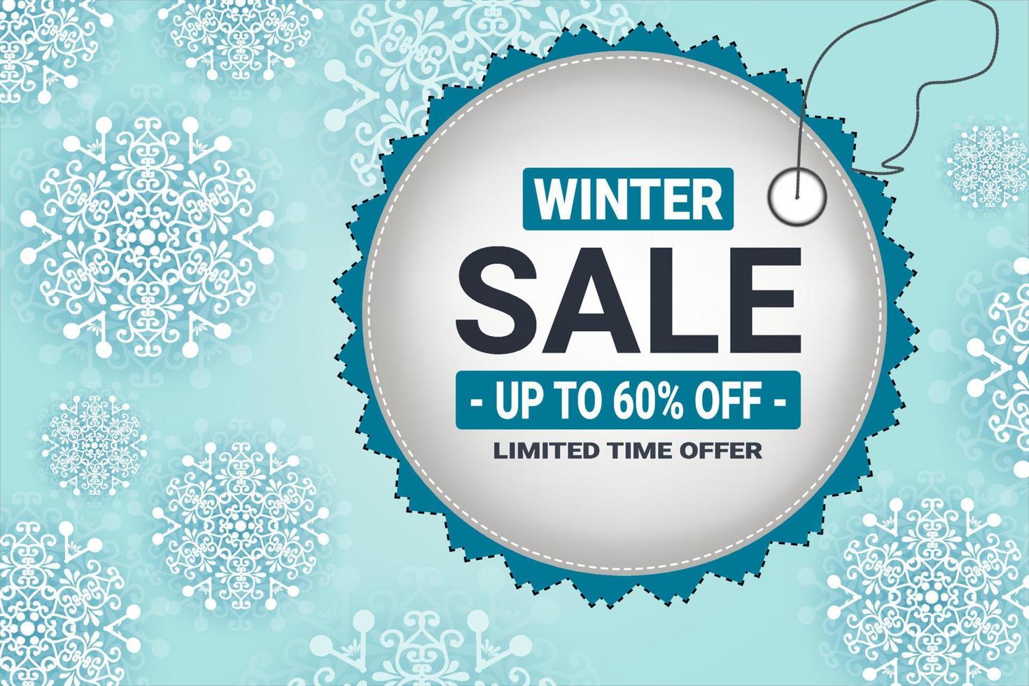 Winter sale vector banner template with white snowflakes background. Vector illustration.