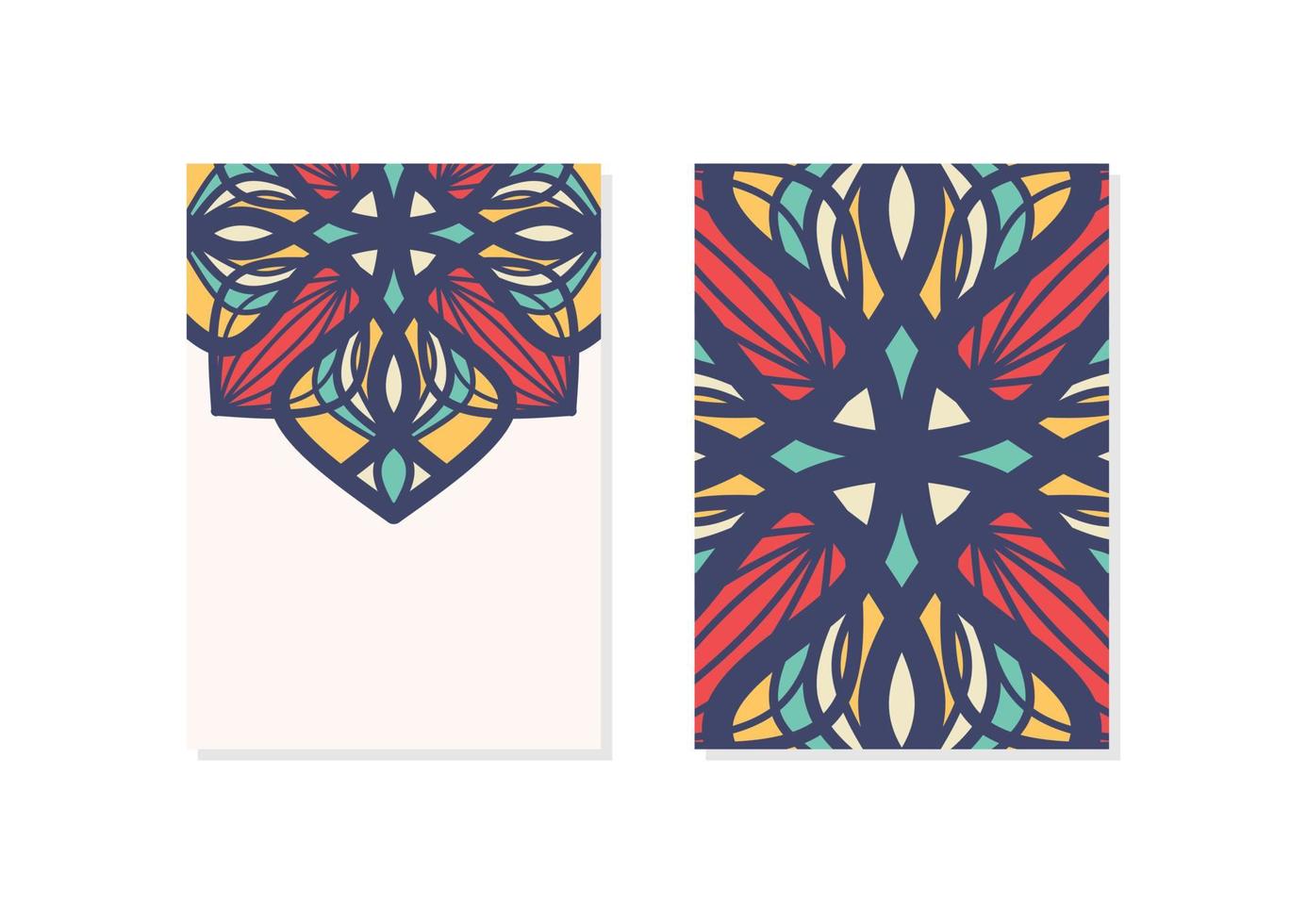 Tarjetas navideñas de mandalas medio vacías. juego de tarjetas de visita antiguas vectoriales. patrón de mandala floral y adornos. diseño de diseño oriental. motivos islámicos, árabes, indios, otomanos. portada y contraportada. vector