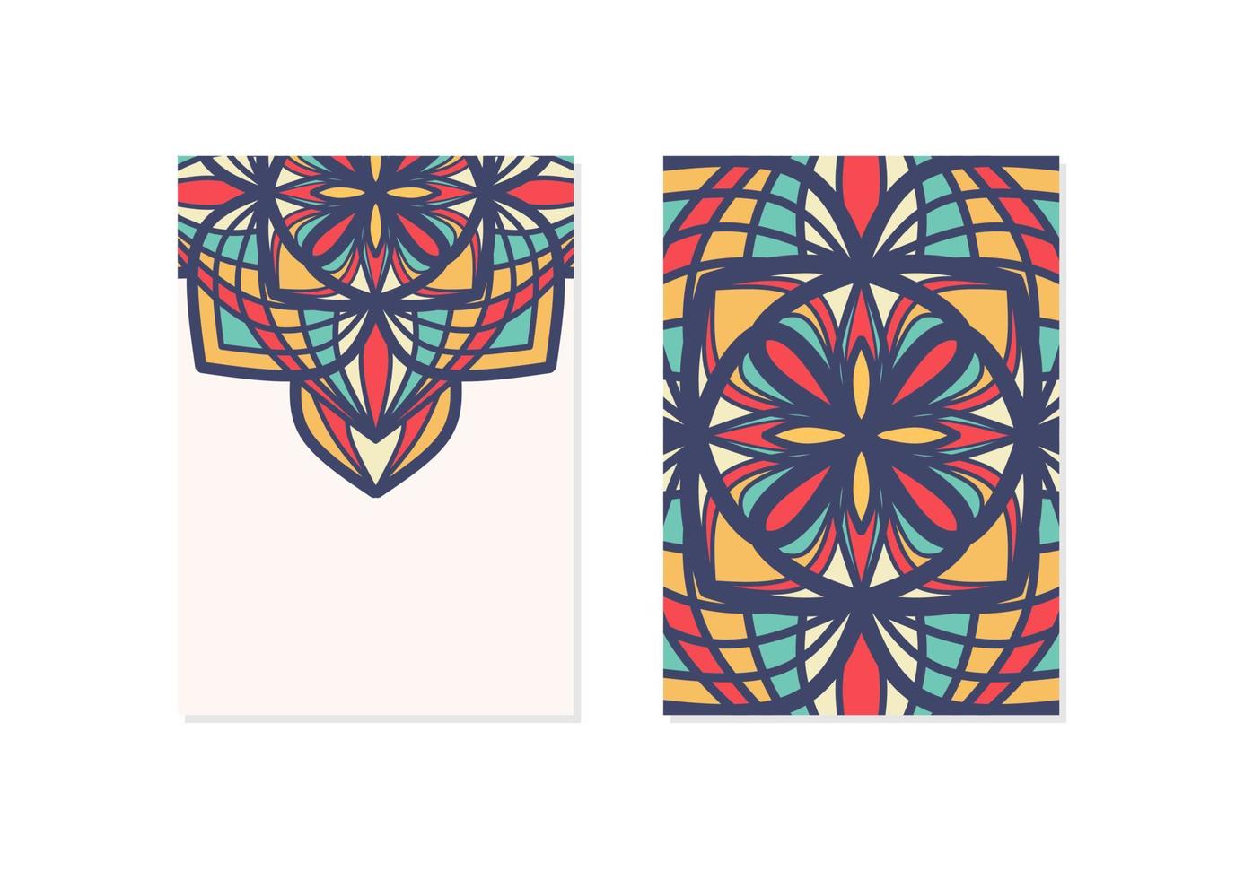 Half empty mandalas holiday cards. Vector vintage visiting card set. Floral mandala pattern and ornaments. Oriental design Layout. Islam, Arabic, Indian, ottoman motifs. Front page and back page.