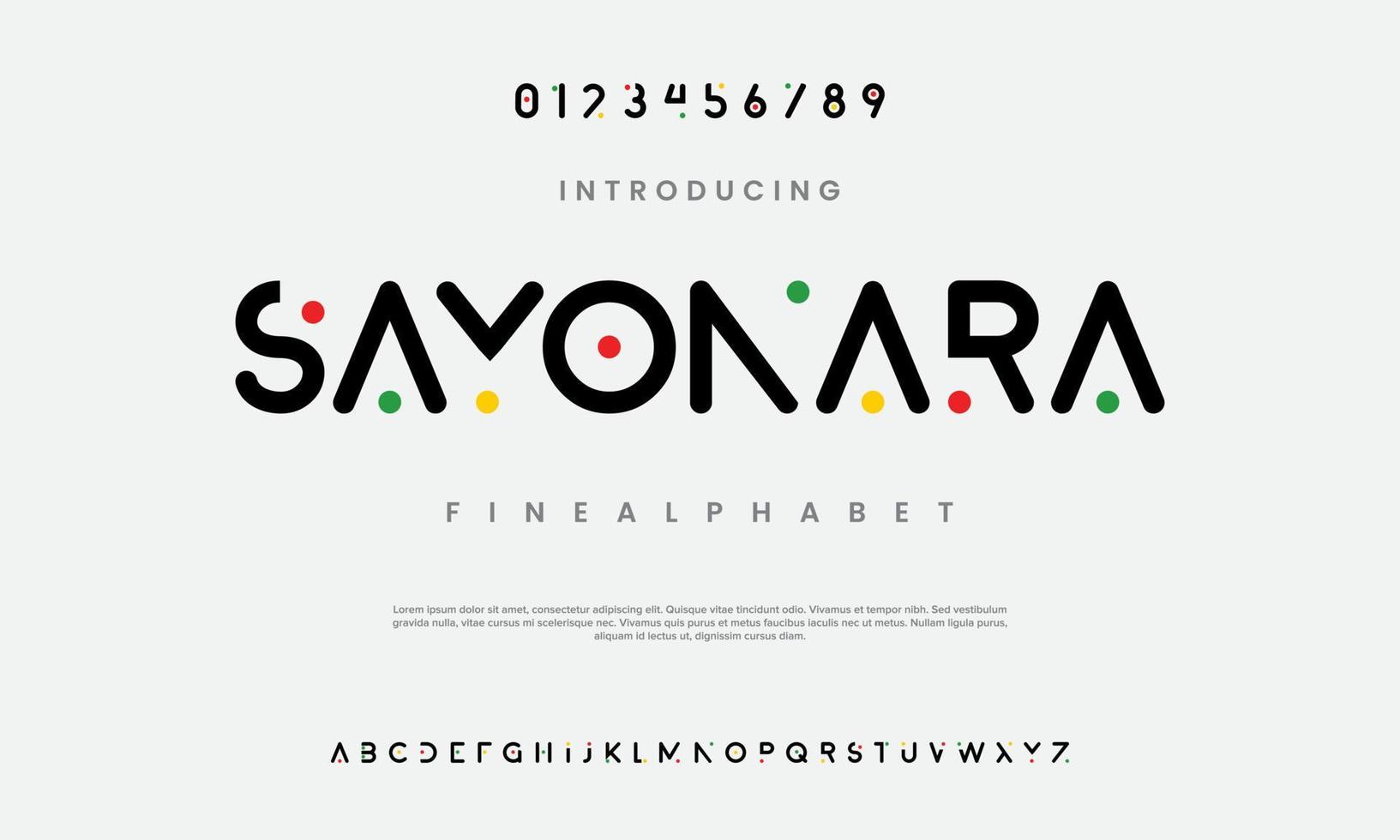 Sayonara modern abstract digital alphabet font. Minimal technology typography, Creative urban sport fashion futuristic font and with numbers. vector illustration