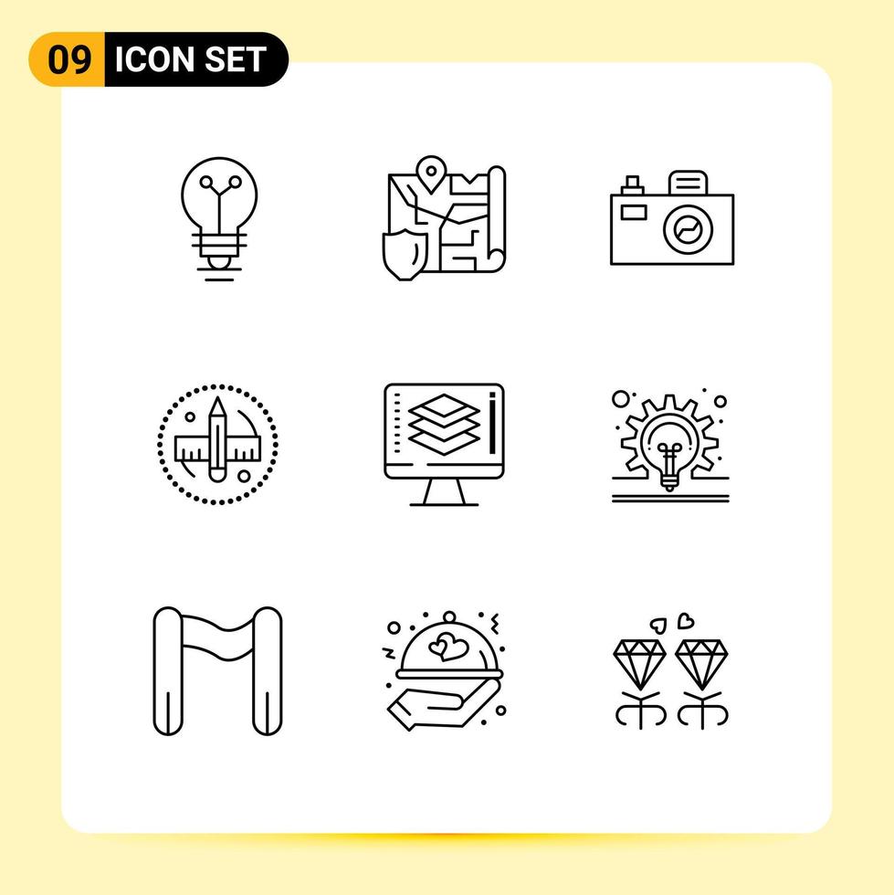 9 iconos creativos signos y símbolos modernos de compartir programación herramienta de cámara lápiz elementos de diseño vectorial editables vector