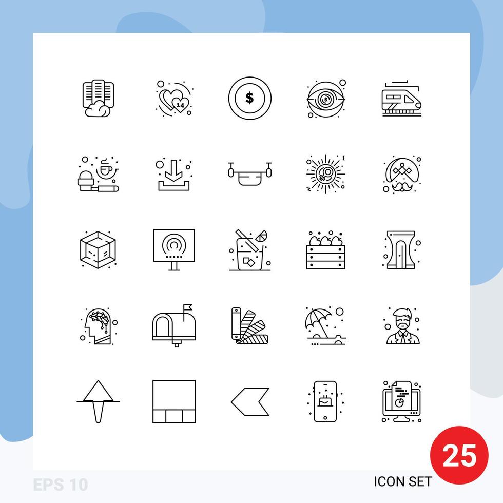 Pack of 25 Modern Lines Signs and Symbols for Web Print Media such as tunnel train coin money view Editable Vector Design Elements