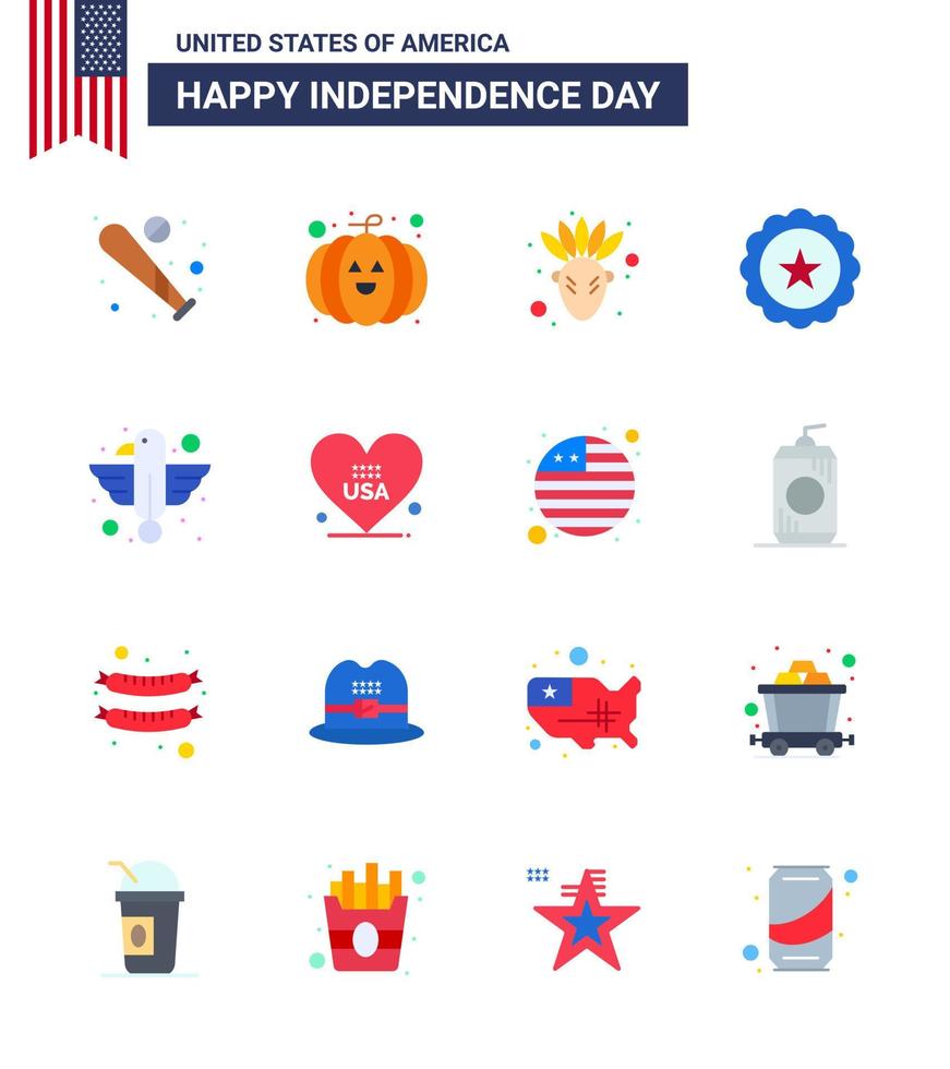 Happy Independence Day Pack of 16 Flats Signs and Symbols for bird american american usa drink Editable USA Day Vector Design Elements