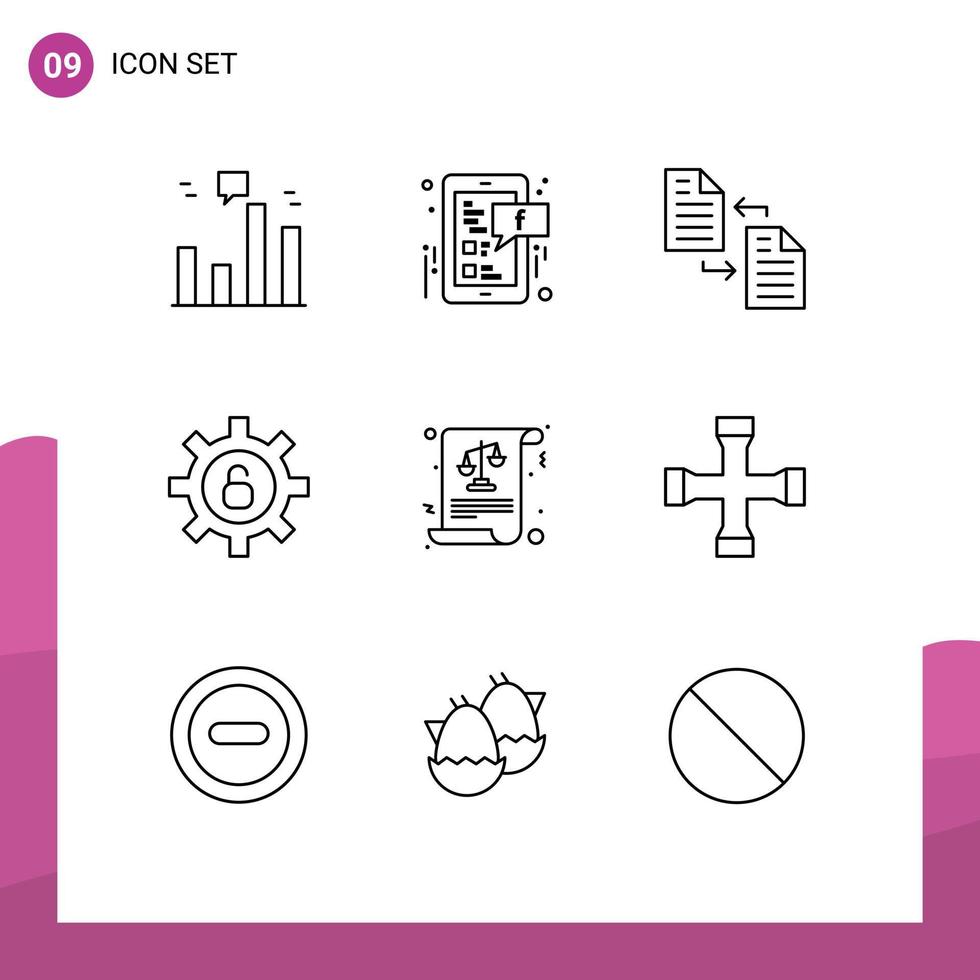 User Interface Pack of 9 Basic Outlines of equality settings archive security transfer Editable Vector Design Elements