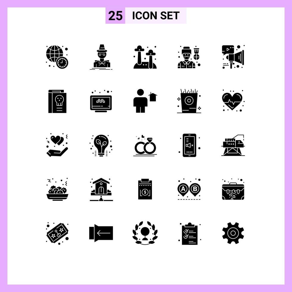 Universal Icon Symbols Group of 25 Modern Solid Glyphs of advertising soldier thief pilot nature Editable Vector Design Elements