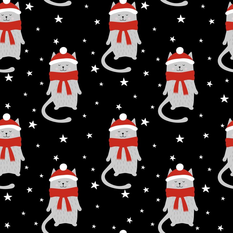 Cats with red hat. Seamless pattern with funny cats and stars vector