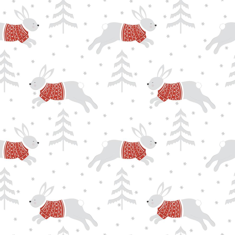 Christmas pattern 2023. Funny rabbit in a sweater with snowflakes and tree. vector
