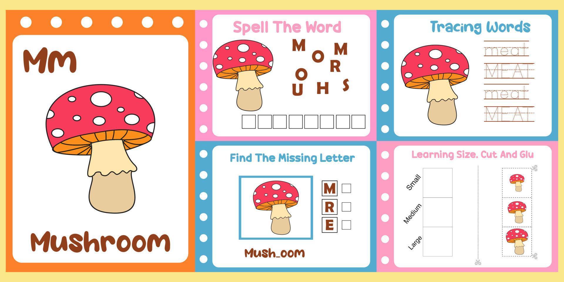 worksheets pack for kids with mushroom. fun learning for children vector