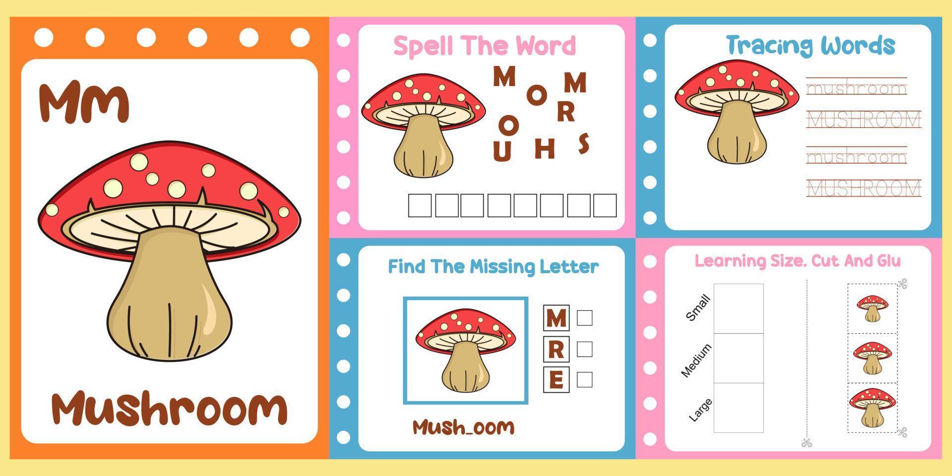 worksheets pack for kids with mushroom. fun learning for children vector