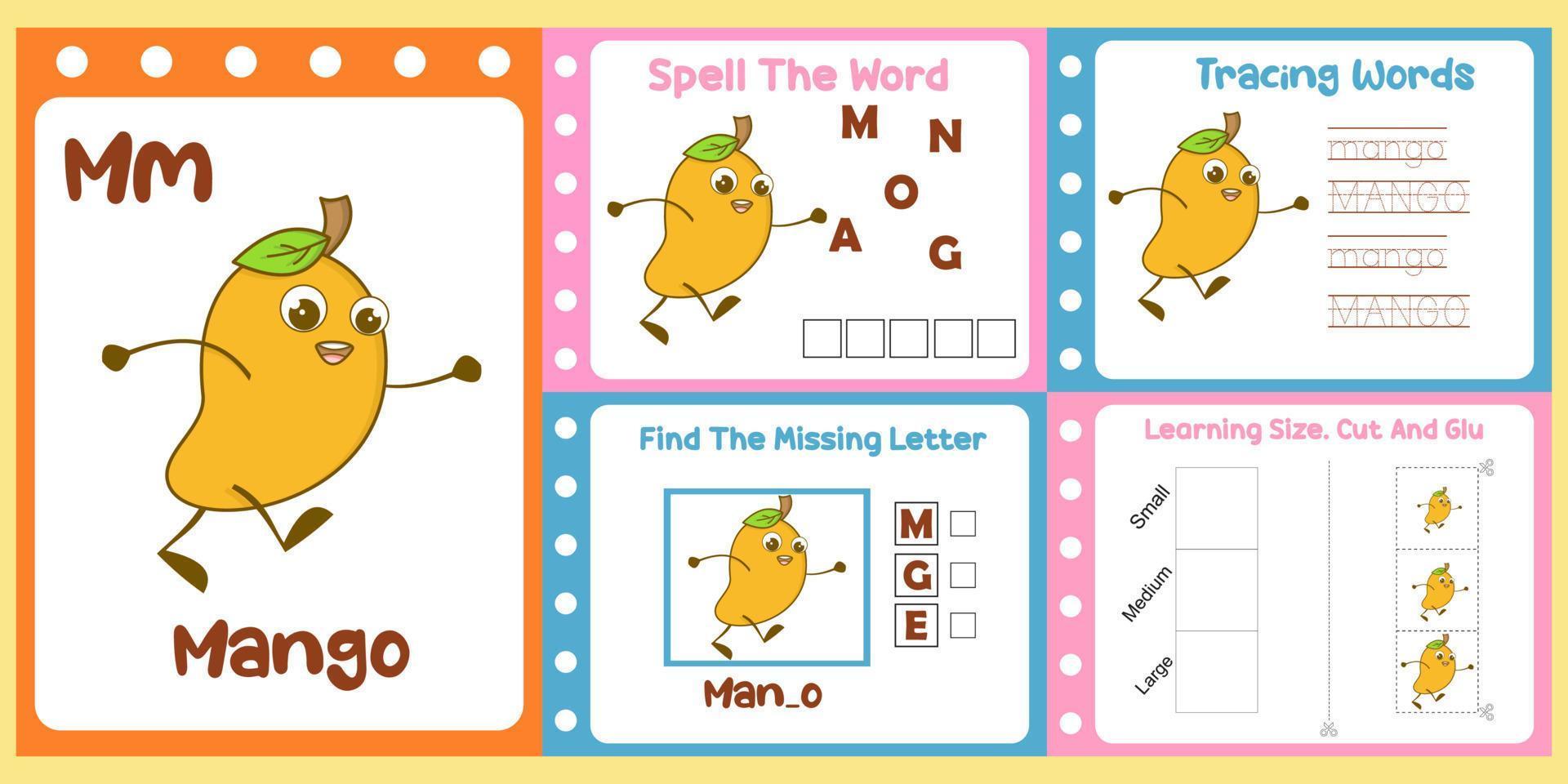 worksheets pack for kids with mango. fun learning for children vector