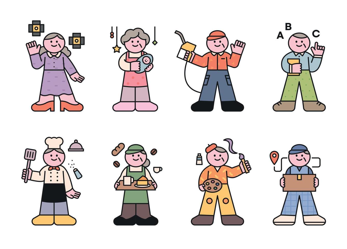 personajes pequeños y lindos. colección de personas en uniformes para el bienestar laboral de las personas mayores. esquema simple ilustración vectorial. vector