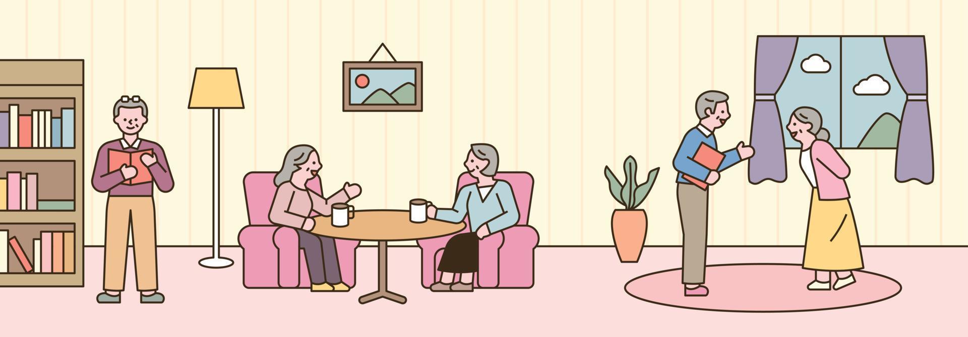 Inside a cozy nursing facility. The elderly are living a comfortable and enjoyable old age together. outline simple vector illustration.