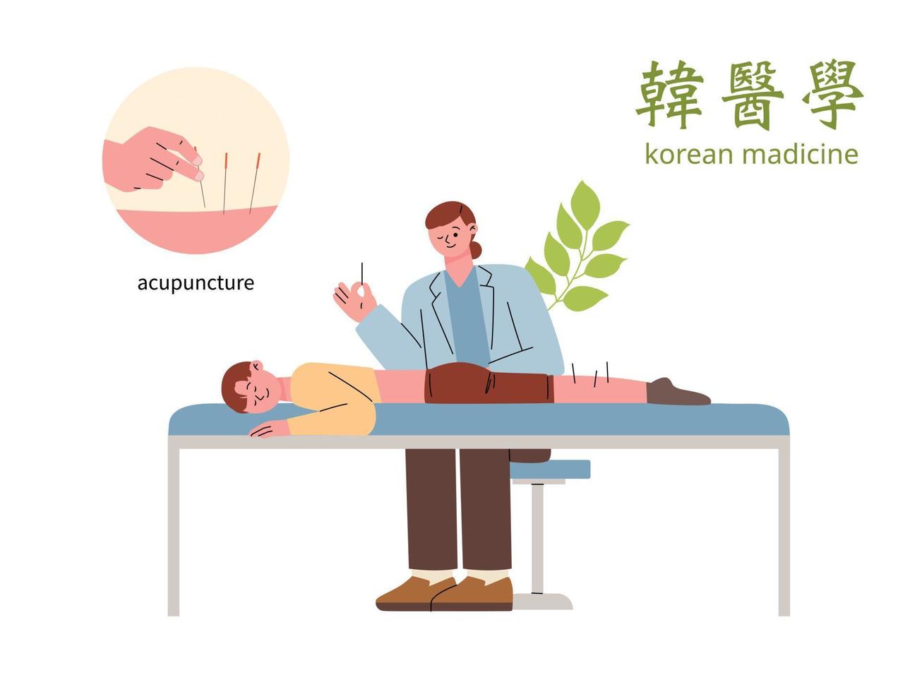 A patient is lying on the bed, the doctor is doing acupuncture to the patient. vector