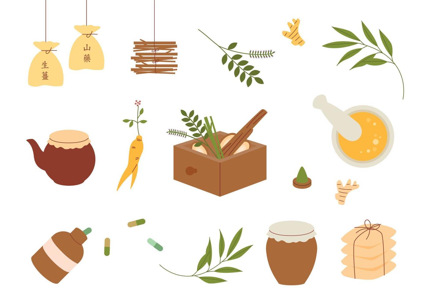 Materials and tools for making medicines in oriental medicine clinics. flat vector illustration.