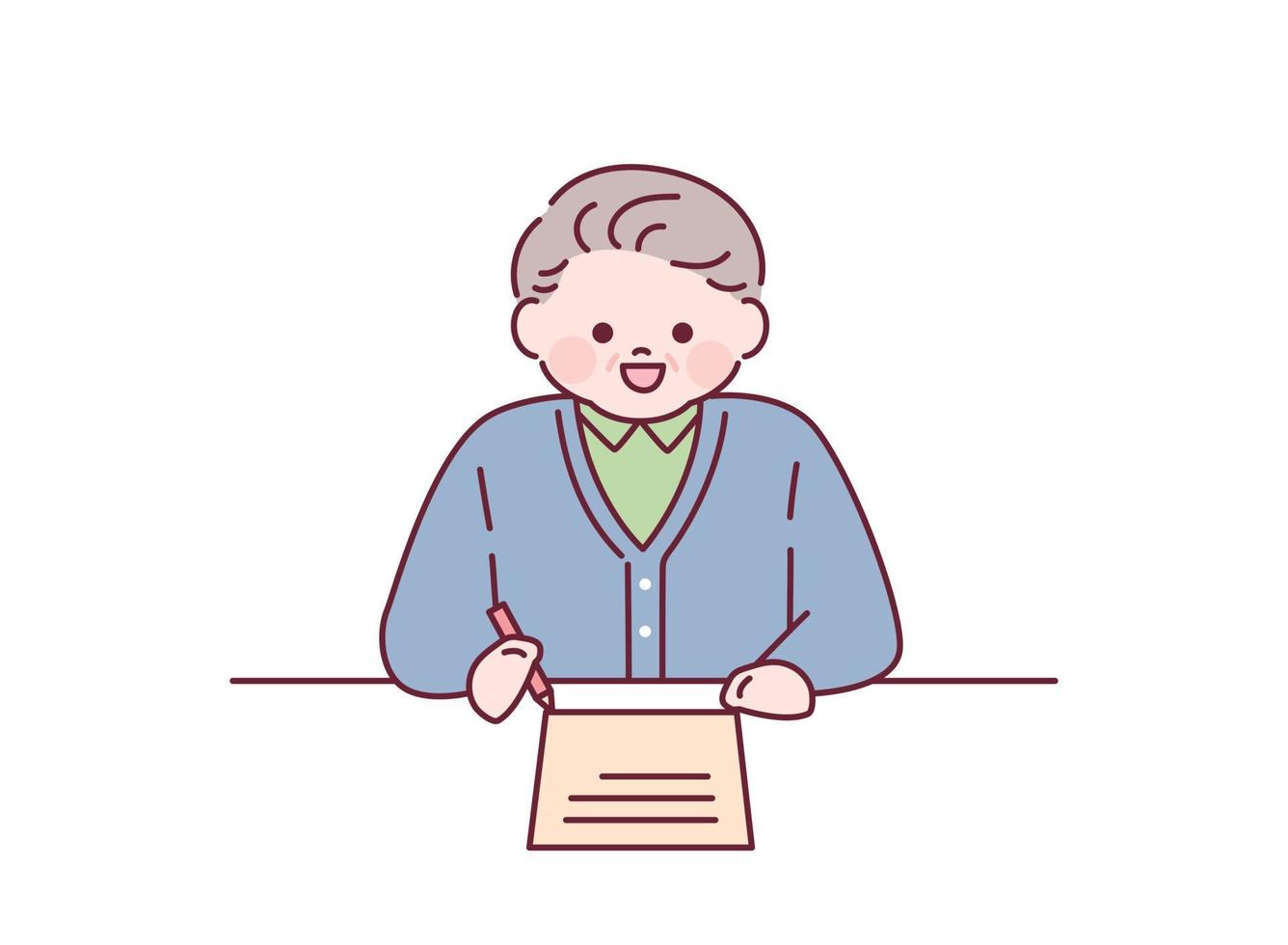 An old man is writing on paper. outline simple vector illustration.