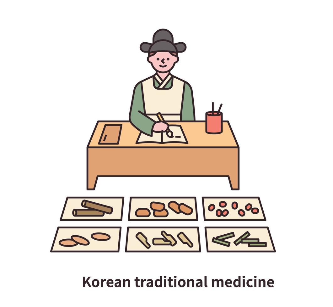 un médico de la dinastía joseon está escribiendo una receta para un paciente. hay varias hierbas medicinales frente a él. vector