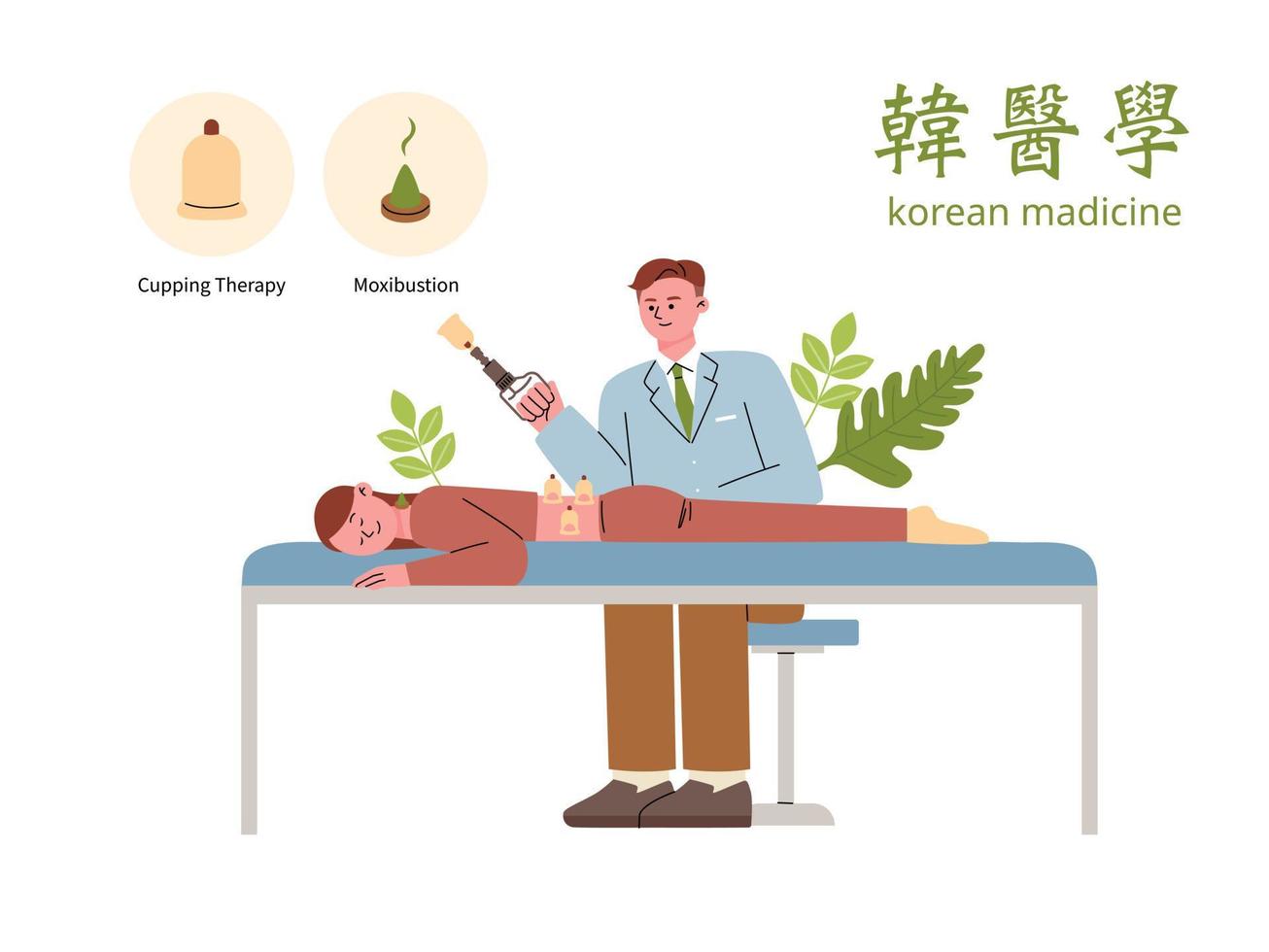 The patient is lying on the bed and the doctor is cupping the patient's back. vector