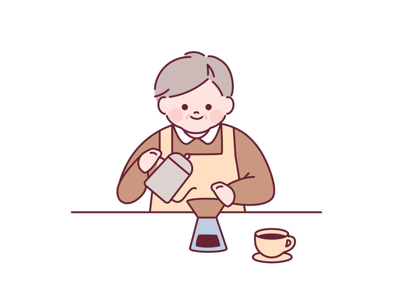 A grandfather wearing an apron is working at a cafe. outline simple vector illustration.