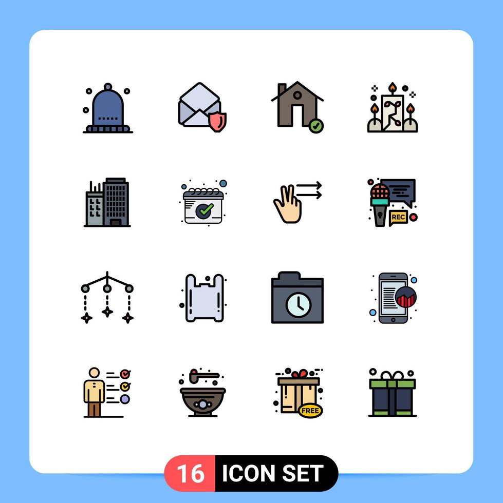 Mobile Interface Flat Color Filled Line Set of 16 Pictograms of building light buildings illumination house Editable Creative Vector Design Elements