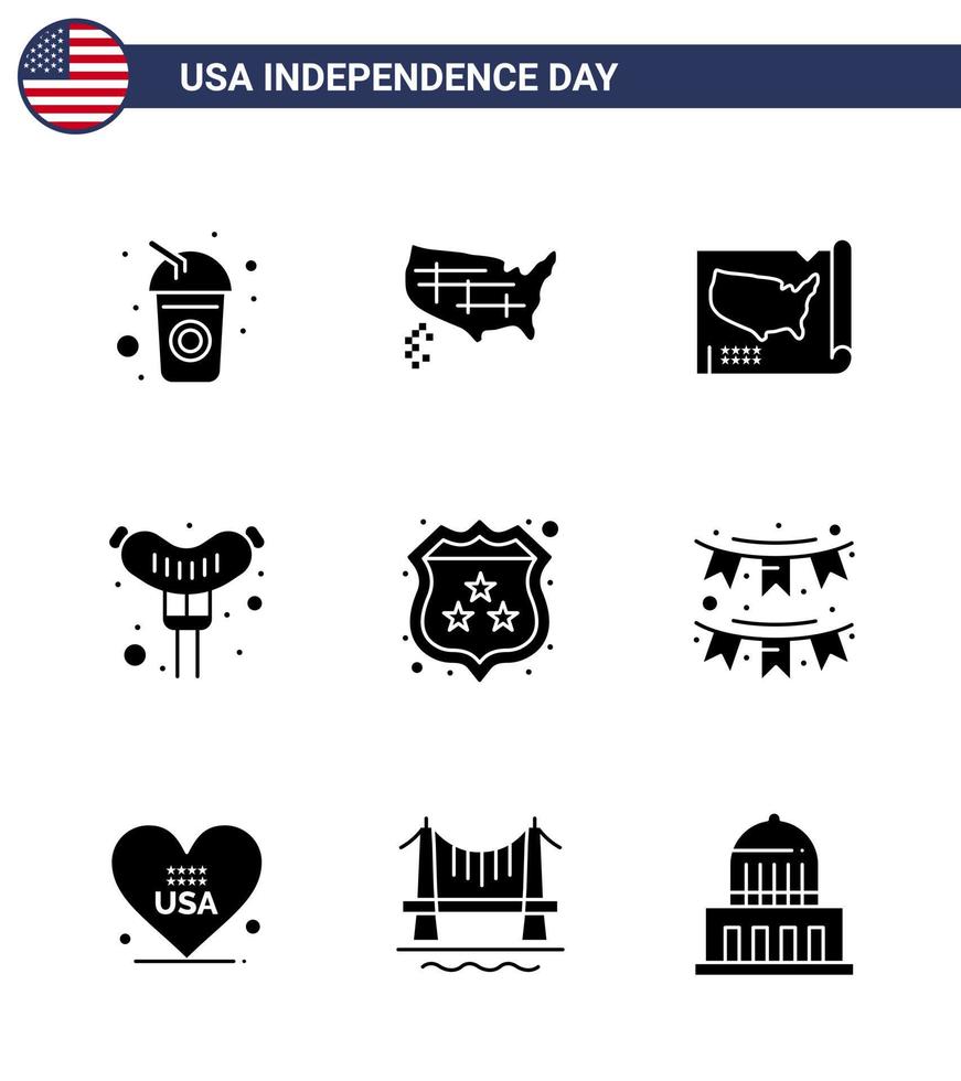 Stock Vector Icon Pack of American Day 9 Line Signs and Symbols for decoration american food police security Editable USA Day Vector Design Elements