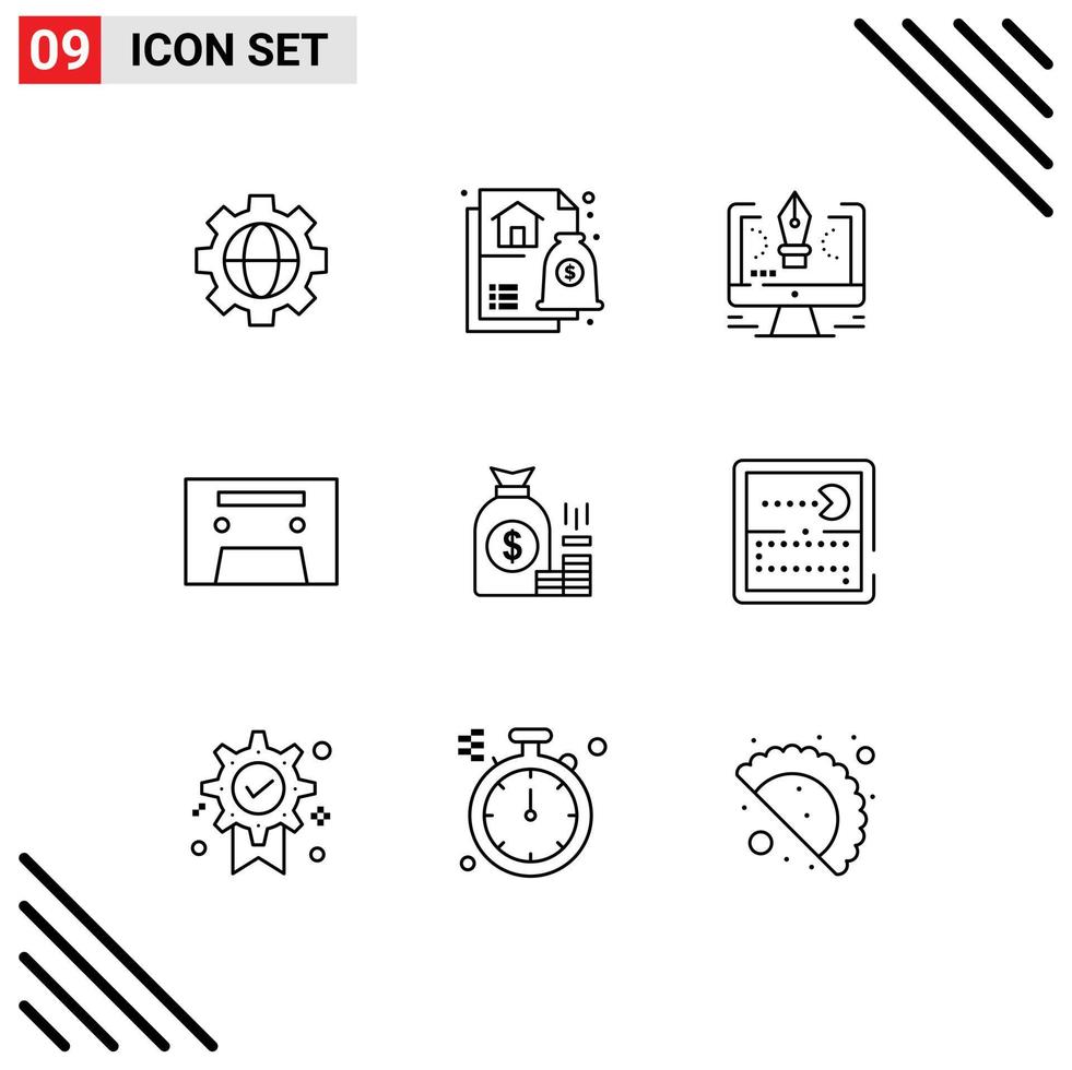 9 User Interface Outline Pack of modern Signs and Symbols of bank money drawing vintage analog Editable Vector Design Elements