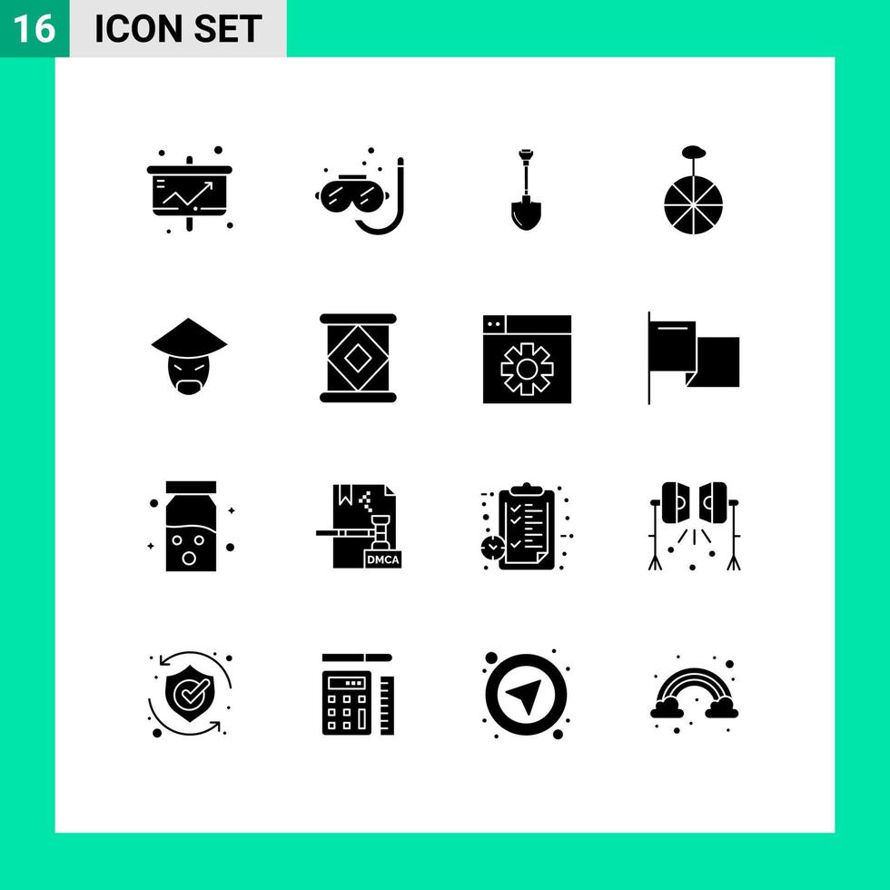 conjunto de 16 glifos sólidos vectoriales en cuadrícula para reparación de ruedas de verano del ciclo emperador elementos de diseño vectorial editables vector