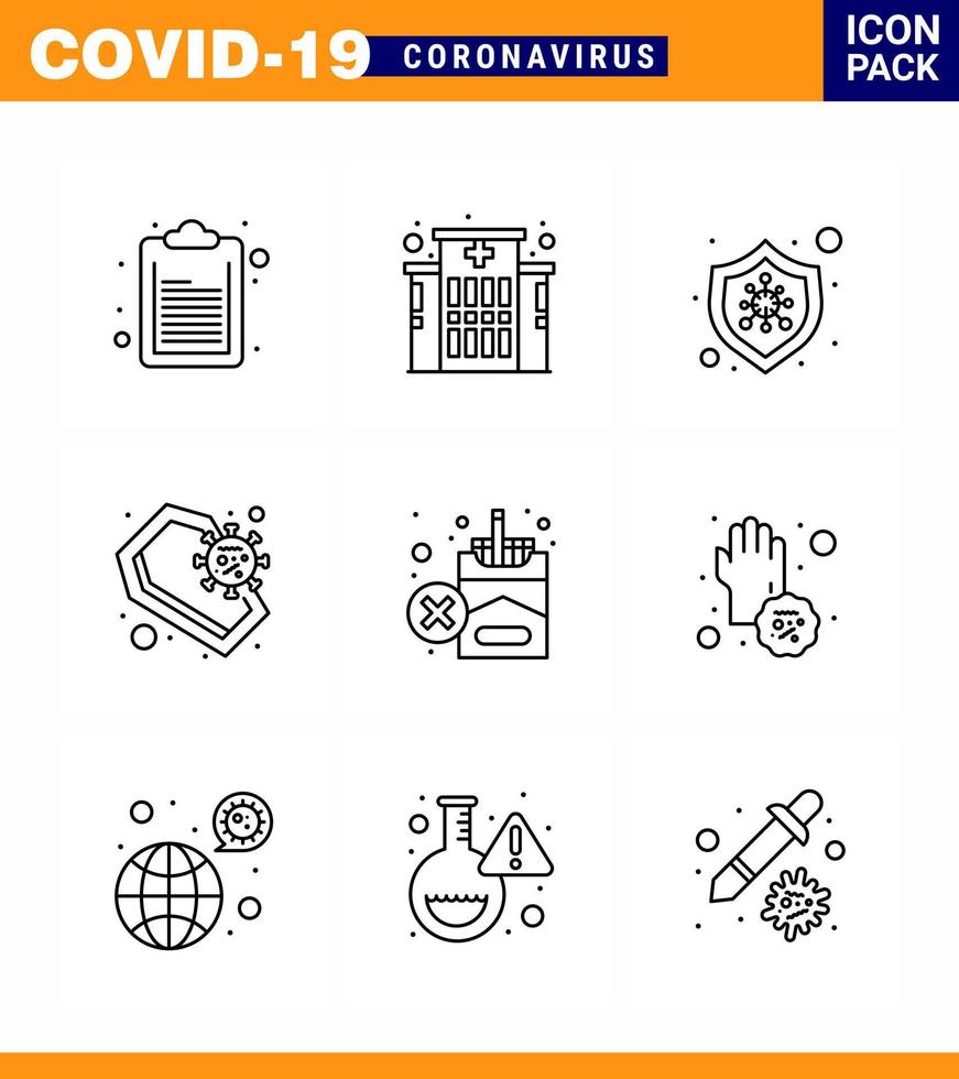 Covid19 icon set for infographic 9 Line pack such as  smoking forbidden virus skull death viral coronavirus 2019nov disease Vector Design Elements