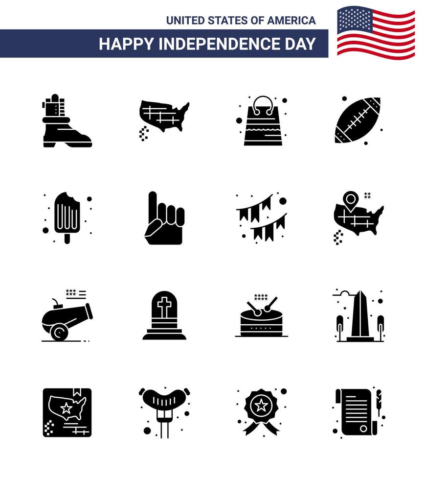 Happy Independence Day USA Pack of 16 Creative Solid Glyphs of food cold money usa footbal Editable USA Day Vector Design Elements