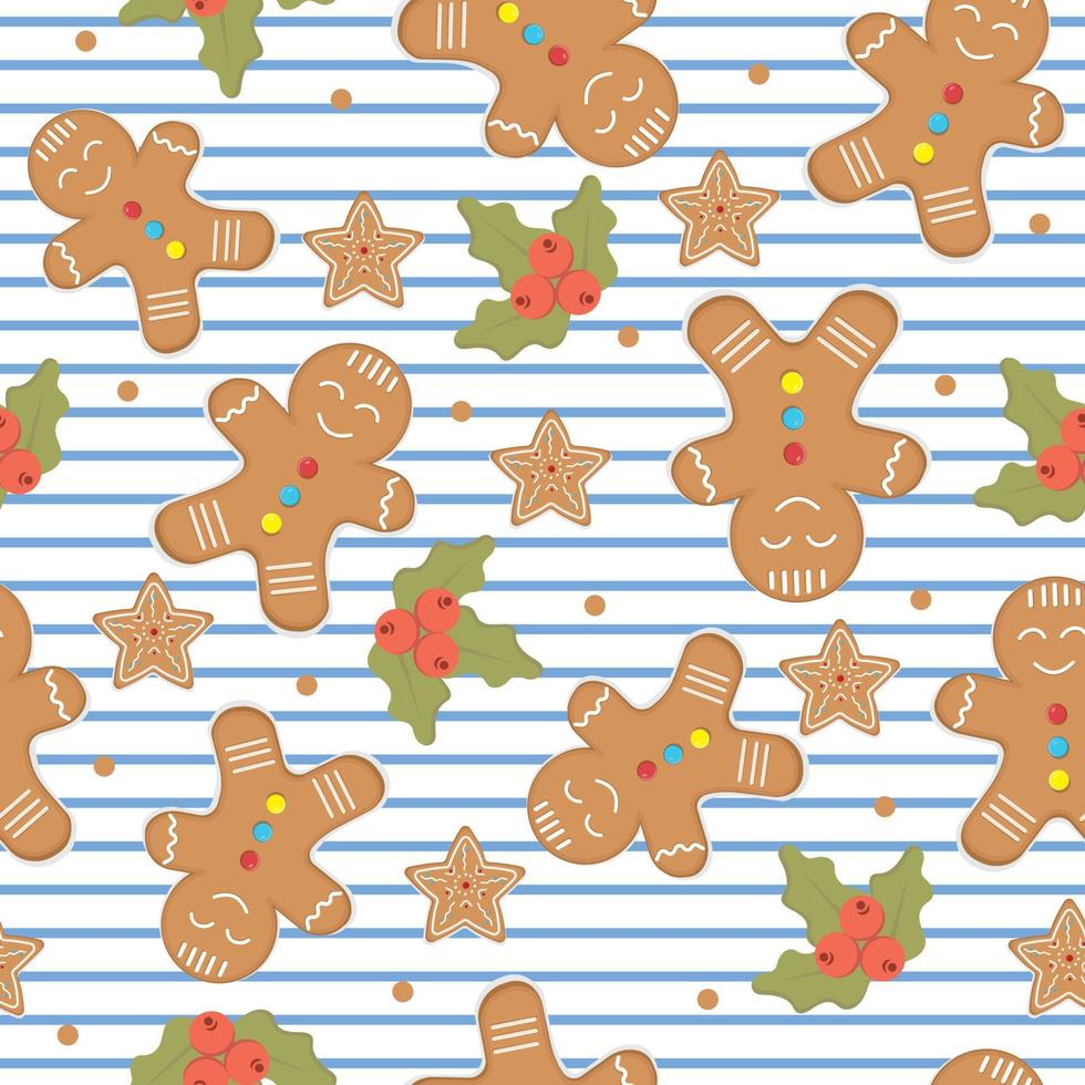 Gingerbread men, snowflakes and Christmas trees seamless pattern. Christmas or New Year background. Festive baked, cute design. vector