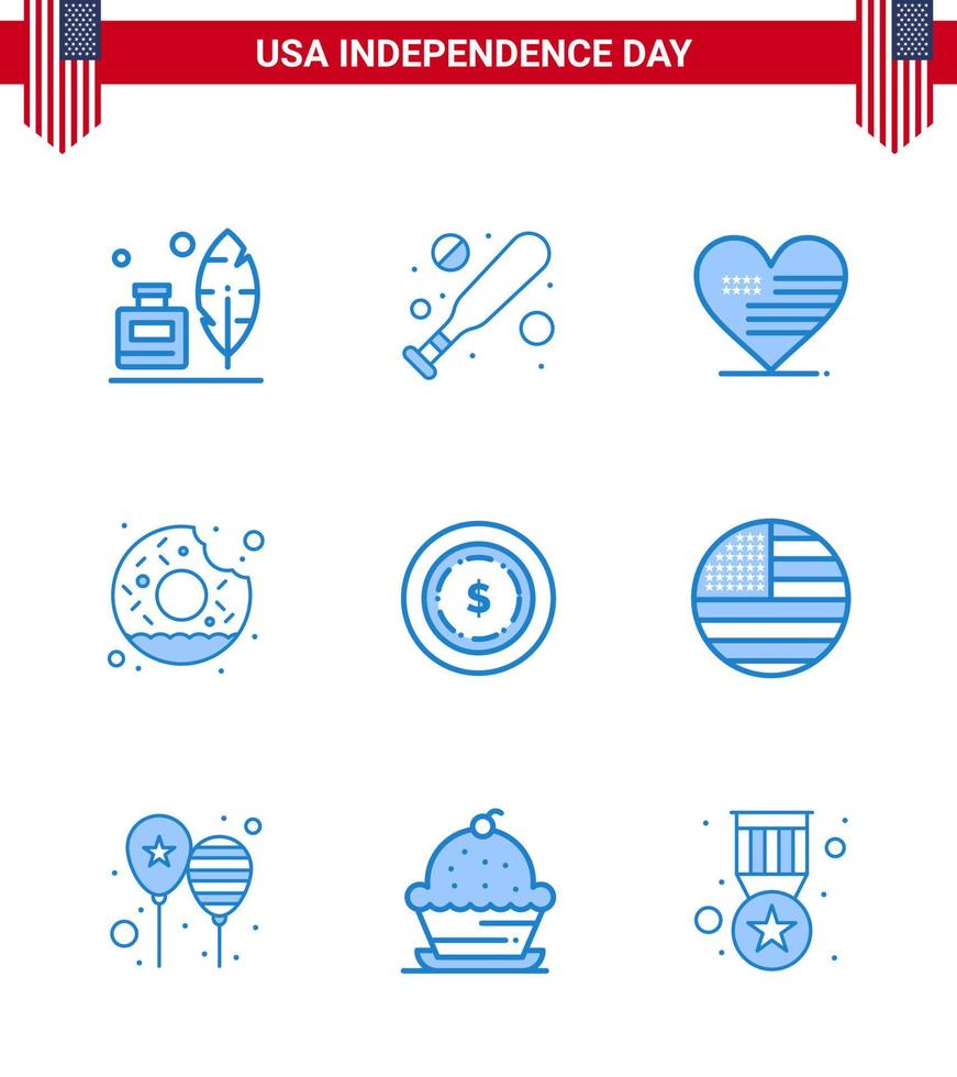 Pack of 9 creative USA Independence Day related Blues of maony american love food round Editable USA Day Vector Design Elements