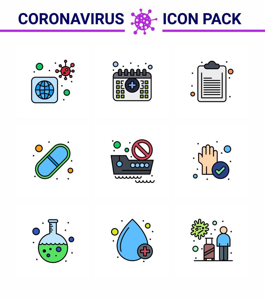 9 Filled Line Flat Color coronavirus epidemic icon pack suck as ship banned travel check list pills medical viral coronavirus 2019nov disease Vector Design Elements