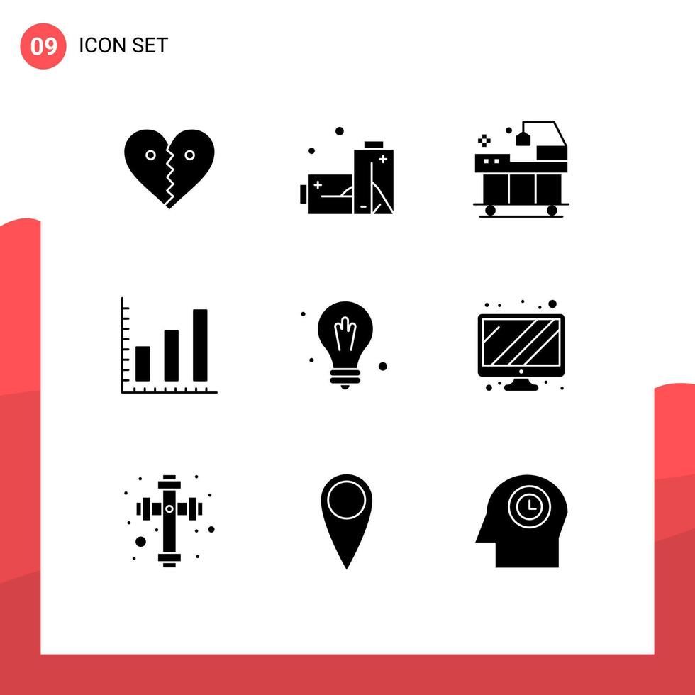 Pack of 9 creative Solid Glyphs of science bulb bed stats marketing Editable Vector Design Elements