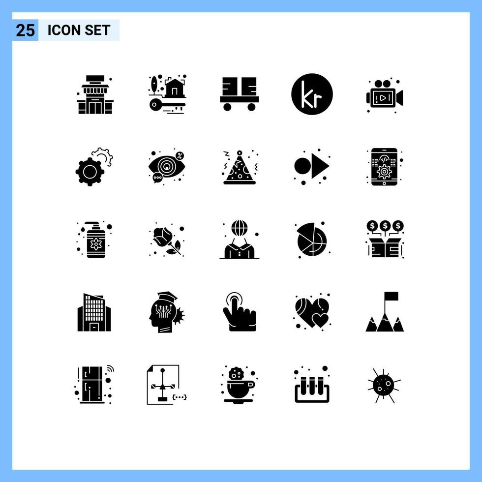 Pack of 25 creative Solid Glyphs of camera danish caterpillar vehicles currency lift truck Editable Vector Design Elements