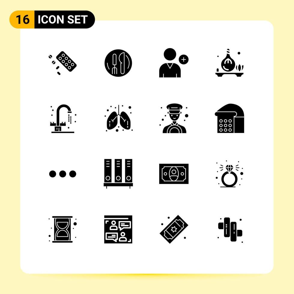 User Interface Pack of 16 Basic Solid Glyphs of plumbing bathroom follow aroma oil Editable Vector Design Elements