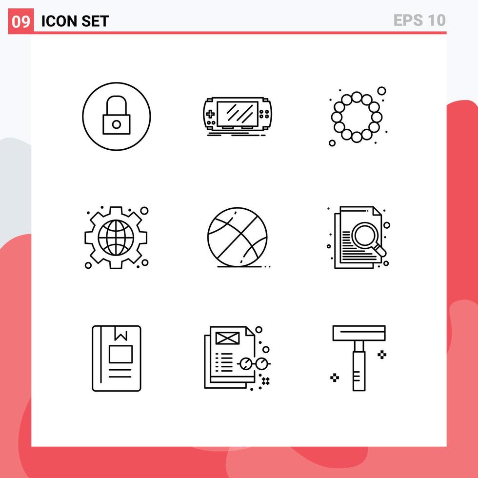 Group of 9 Outlines Signs and Symbols for ball globe psp web gear Editable Vector Design Elements