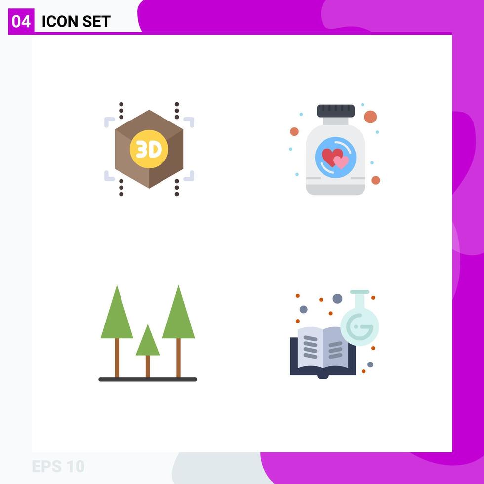 Group of 4 Flat Icons Signs and Symbols for cube trees bottle jar chemistry book Editable Vector Design Elements