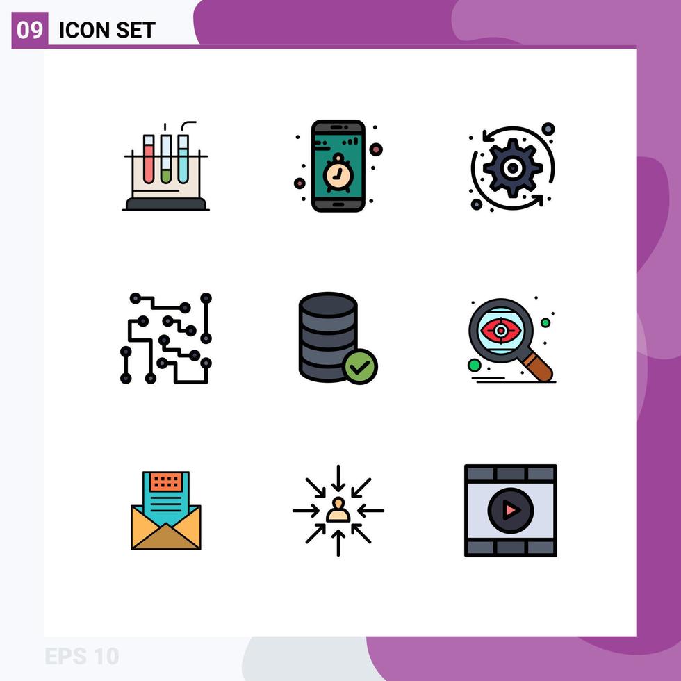 paquete de 9 modernos signos y símbolos de colores planos de línea de relleno para medios de impresión web, como la actualización del sistema de circuitos de parada de electrónica científica, elementos de diseño de vectores editables