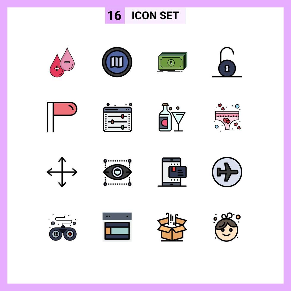 Modern Set of 16 Flat Color Filled Lines and symbols such as padlock unlocked mapquest money finance Editable Creative Vector Design Elements